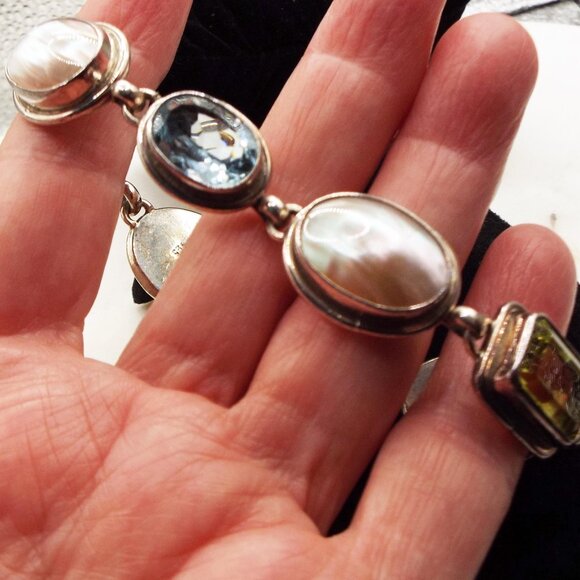 MASSIVE CITRINE & BLUE TOPAZ GEMS & MOBE PEARLS BEZEL SET STERLING BRACELET 30 - Picture 2 of 6